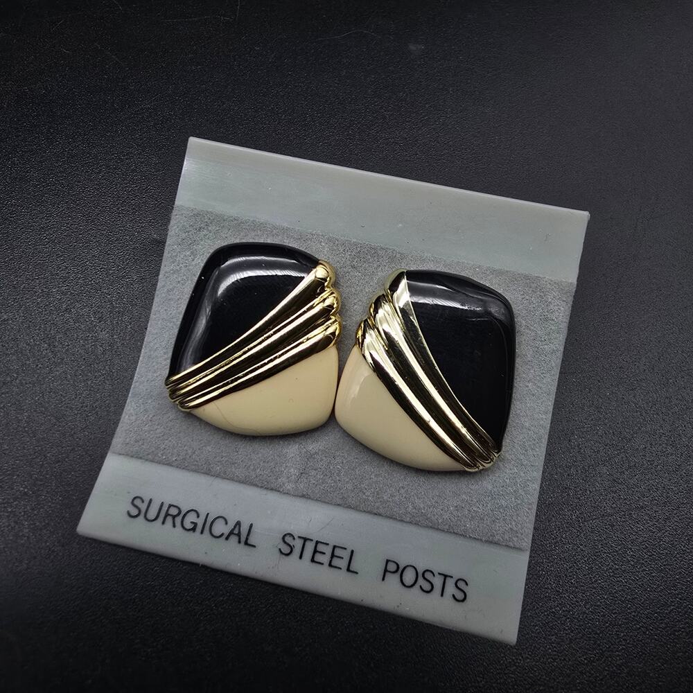Black Cream Geometric Earrings Vintage 1980s NOS NWT